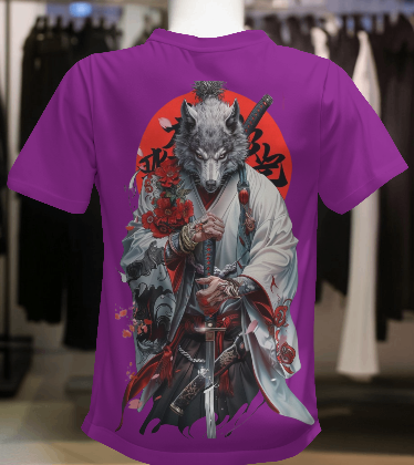 MEN'S DOWN SHOULDER PURPLE T-SHIRT SAMURAI WOLF GRAPHIC PRINTED