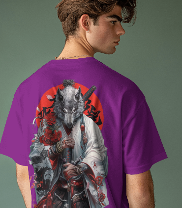 MEN'S DOWN SHOULDER PURPLE T-SHIRT SAMURAI WOLF GRAPHIC PRINTED