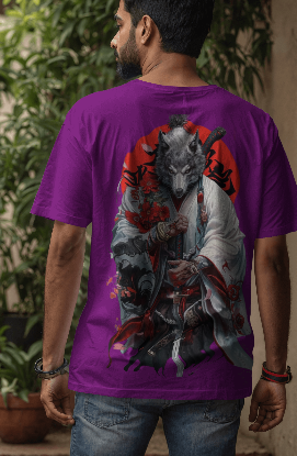 MEN'S DOWN SHOULDER PURPLE T-SHIRT SAMURAI WOLF GRAPHIC PRINTED