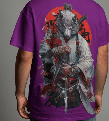 MEN'S DOWN SHOULDER PURPLE T-SHIRT SAMURAI WOLF GRAPHIC PRINTED