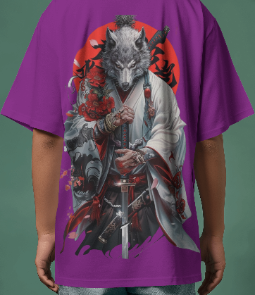 MEN'S DOWN SHOULDER PURPLE T-SHIRT SAMURAI WOLF GRAPHIC PRINTED