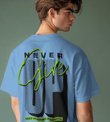 MEN'S DOWN SHOULDER SKY-BLUE T-SHIRT NEVER GIVE UP GRAPHIC PRINTED