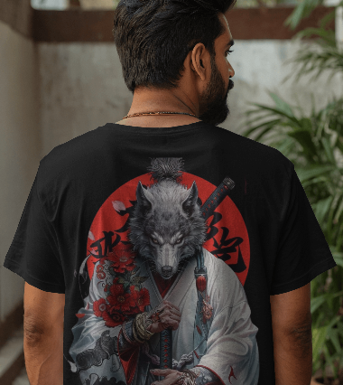 MEN'S DOWN SHOULDER T-SHIRT SAMURAI WOLF GRAPHIC PRINTED