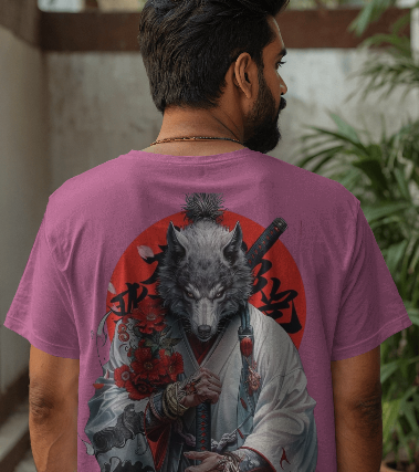 MEN'S DOWN SHOULDER PINK T-SHIRT SAMURAI WOLF GRAPHIC PRINTED