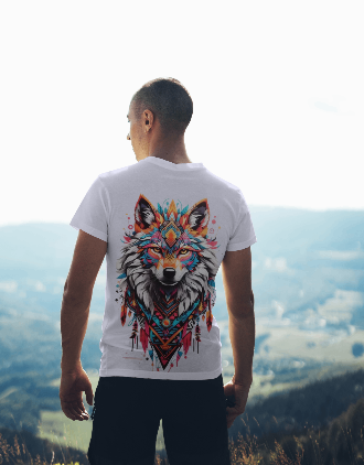 MEN'S PSYCHEDELIC WOLF GRAPHIC PRINTED LAVENDER REGULAR FIT T-SHIRT