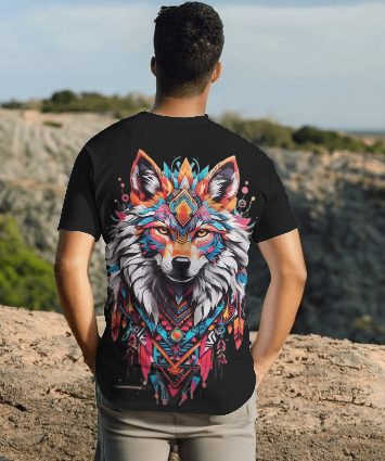 MEN'S PSYCHEDELIC WOLF GRAPHIC PRINTED BLACK REGULAR FIT T-SHIRT