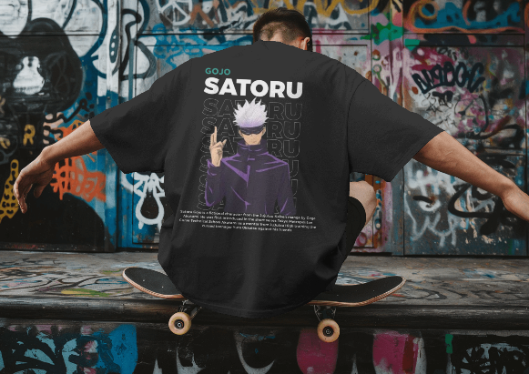 MEN'S DOWN SHOULDER BLACK SATORU GOJO GRAPHIC PRINTED T-SHIRT