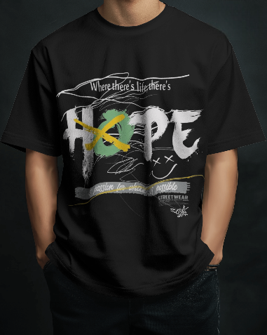 MEN'S DOWN SHOULDER BLACK HOPE GRAPHIC PRINTED T-SHIRT