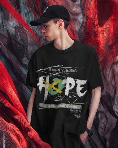 MEN'S DOWN SHOULDER BLACK HOPE GRAPHIC PRINTED T-SHIRT