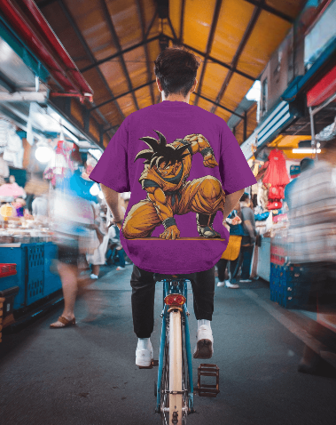 MEN'S DOWN SHOULDER PURPLE SON GOKU GRAPHIC PRINTED T-SHIRT