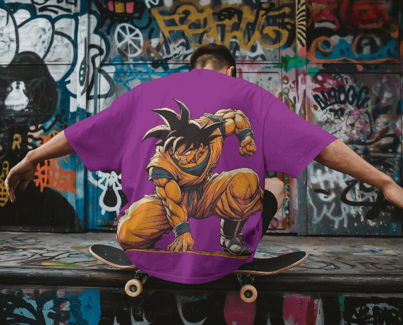 MEN'S DOWN SHOULDER PURPLE SON GOKU GRAPHIC PRINTED T-SHIRT