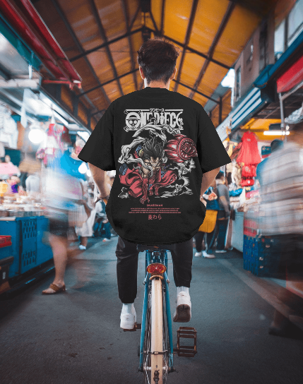 MEN'S DOWN SHOULDER BLACK LUFFY GEAR 4 GRAPHIC PRINTED T-SHIRT