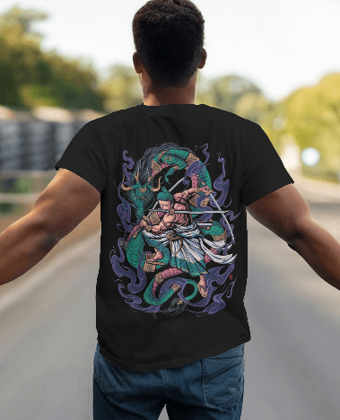 MEN'S ZORO VS DRAGON GRAPHIC PRINTED BLACK REGULAR FIT T-SHIRT