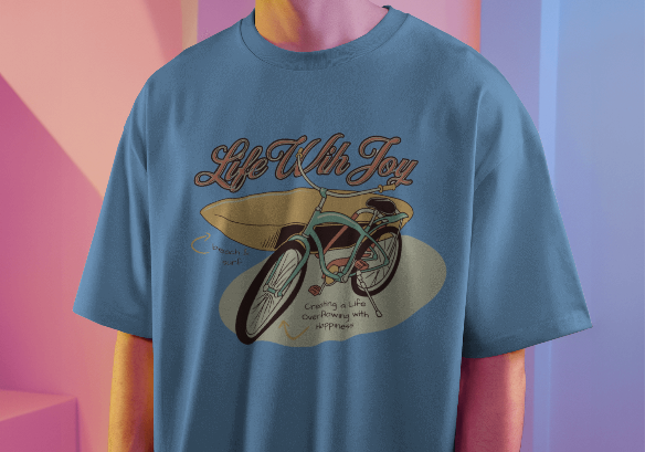 MEN'S DOWN SHOULDER SKY-BLUE T-SHIRT LIFE WITH JOY GRAPHIC PRINTED