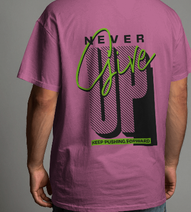 MEN'S DOWN SHOULDER PINK T-SHIRT NEVER GIVE UP GRAPHIC PRINTED