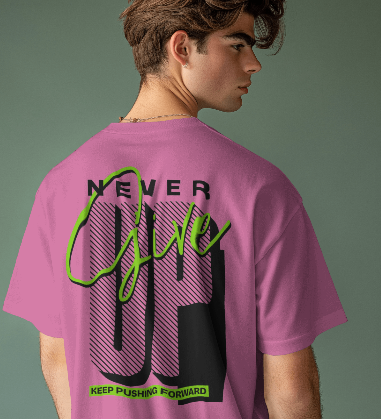 MEN'S DOWN SHOULDER PINK T-SHIRT NEVER GIVE UP GRAPHIC PRINTED