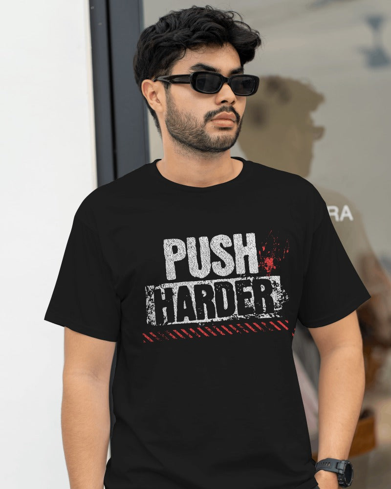 MEN'S PUSH HARDER GRAPHIC PRINTED BLACK REGULAR FIT T-SHIRT