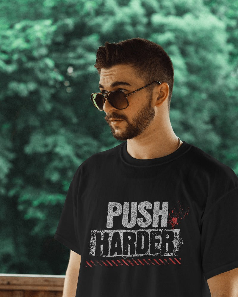 MEN'S PUSH HARDER GRAPHIC PRINTED BLACK REGULAR FIT T-SHIRT